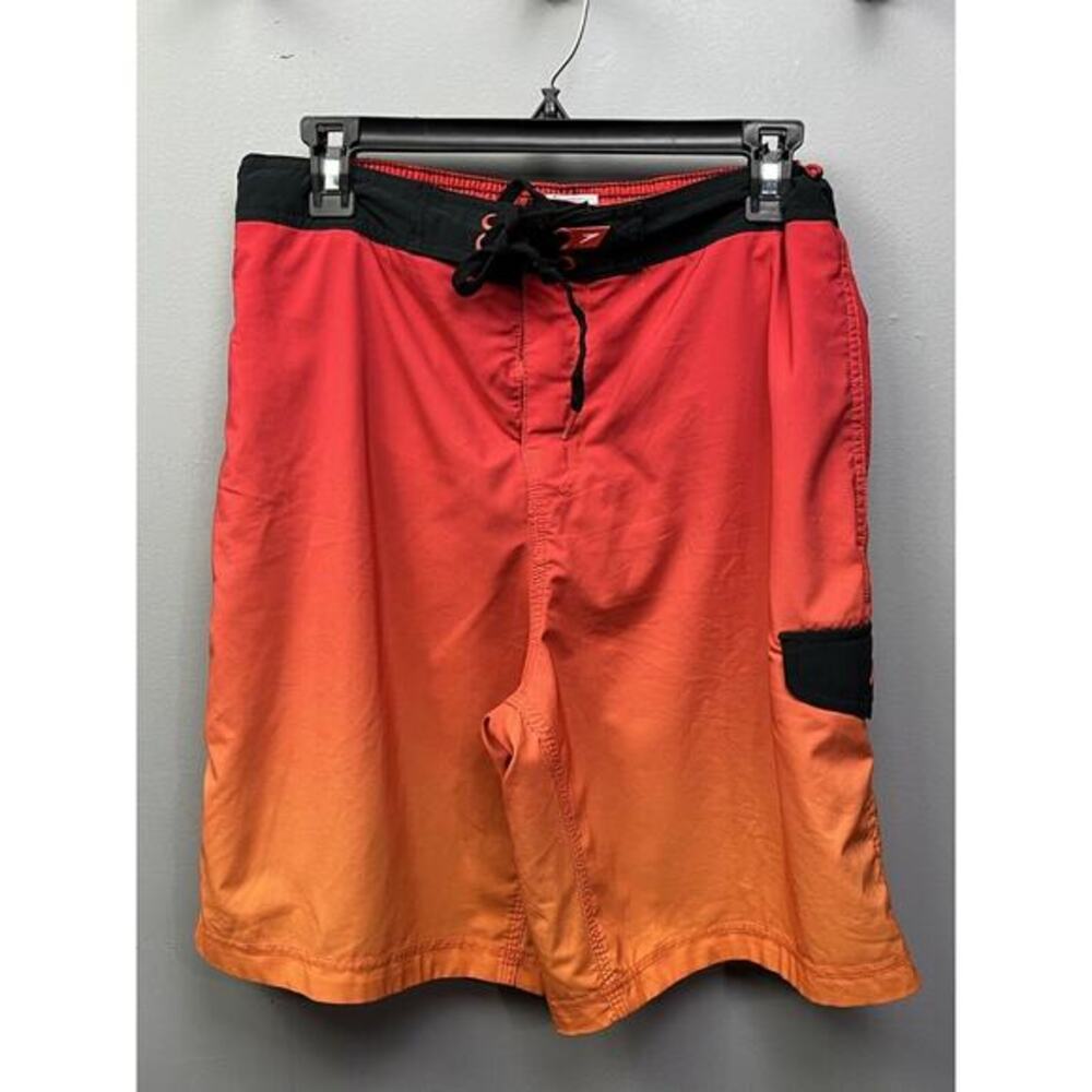 SPEEDO Red Ombre Board Shorts SWIM TRUNKS Mens Medium Lined Elastic Waist